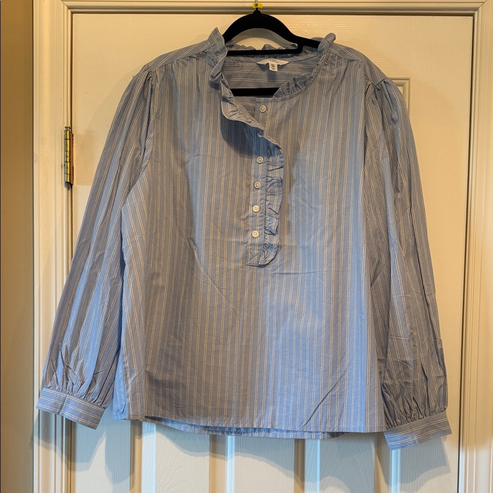 Time and Tru Blue and White Striped Ruffle Half-Placket Blouse